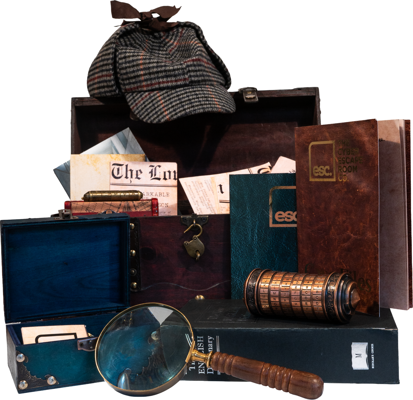 Elementary no-tech cyber security escape room kit - Victorian chest, cryptex, deerstalker hat, and origami puzzle
