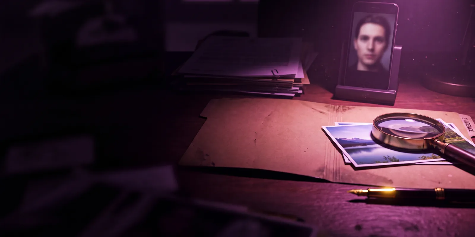 Claim & Chaos: a dim desk with an evidence folder, photographs under a magnifying glass and a phone showing a face
