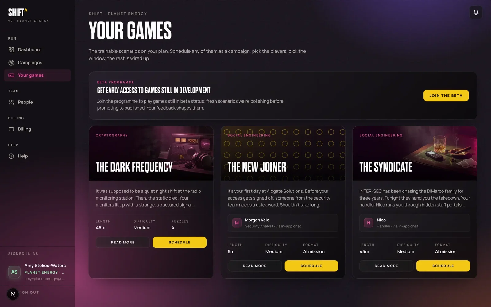 The SHIFT games library: scenarios ready to schedule as a campaign