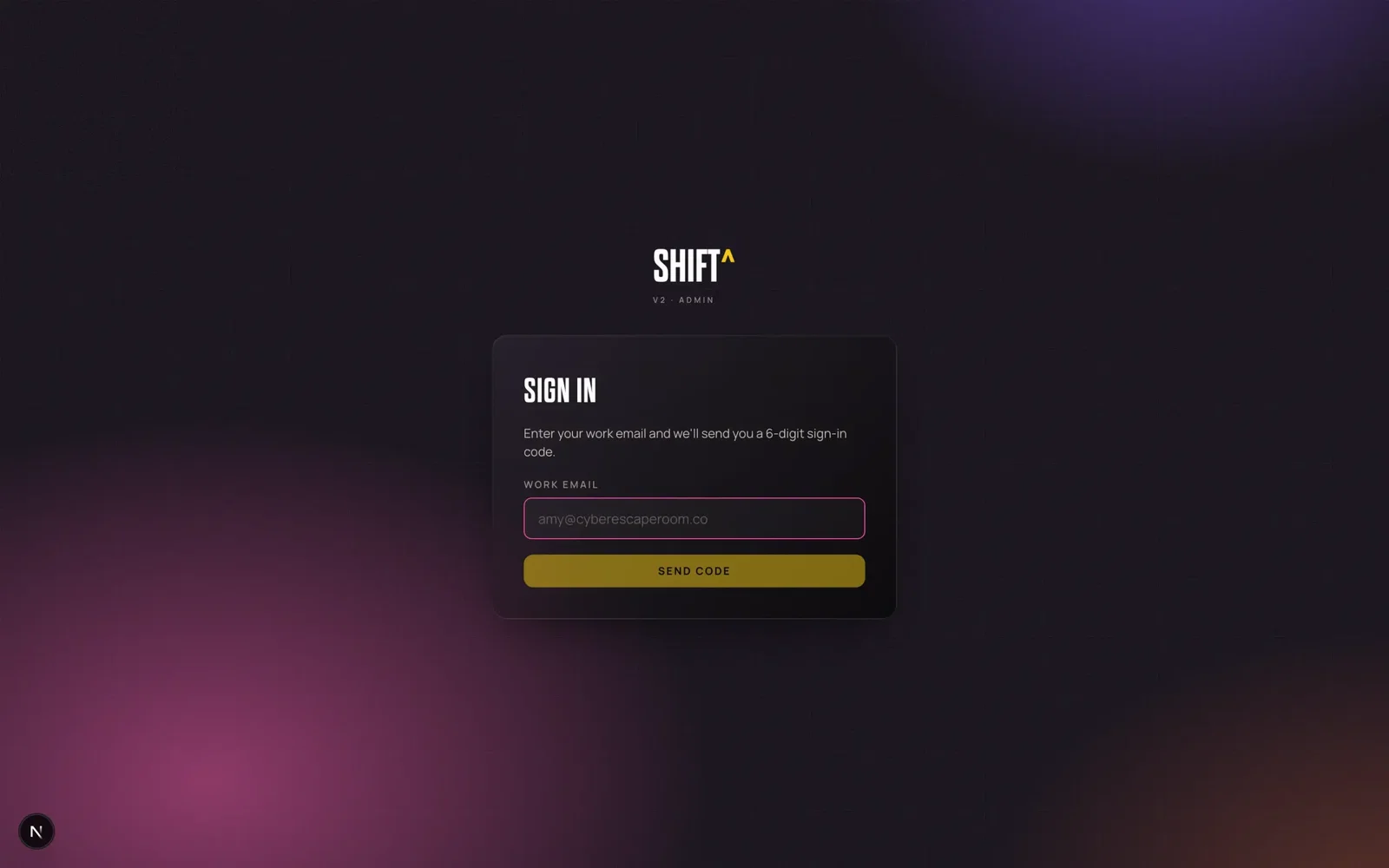 The SHIFT sign-in screen: enter a work email, get a 6-digit code