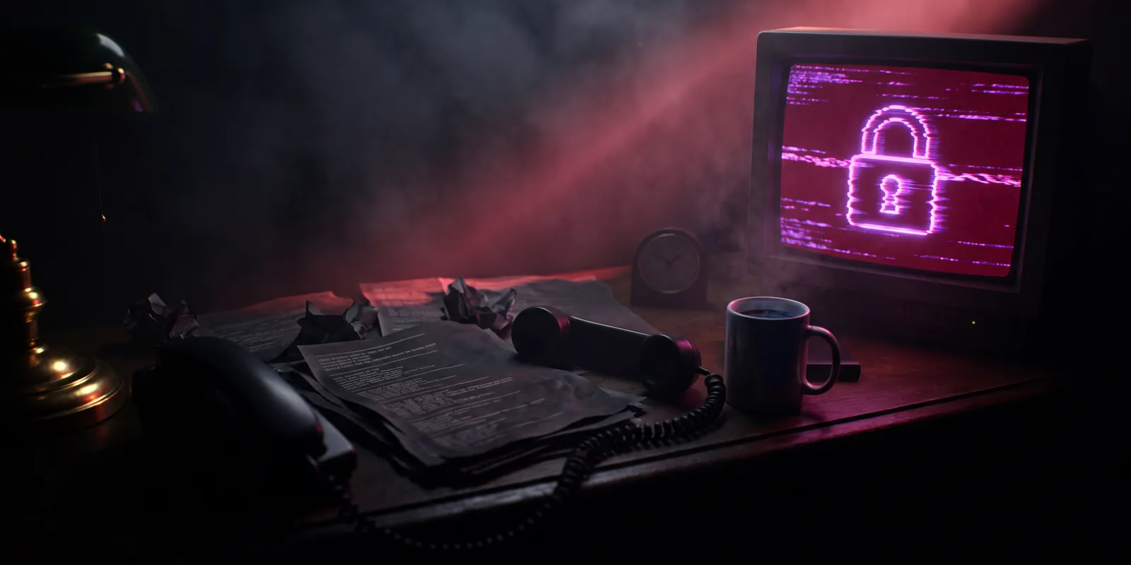 The Breach: a laptop glowing with code in a dark office at night, coffee going cold